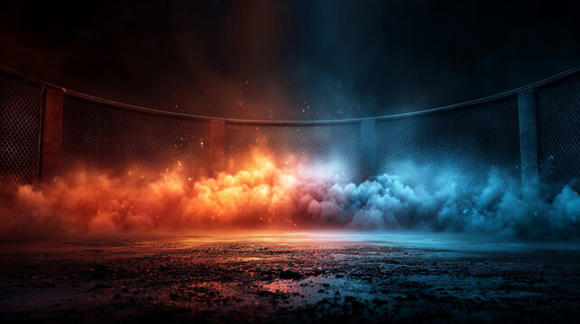 MMA boxing stage with cage , there are smoke effect around , blue and yellow color tone.