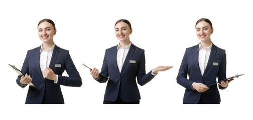 Young hostess on white background, set of portraits