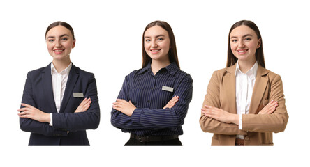 Young hostess on white background, set of portraits