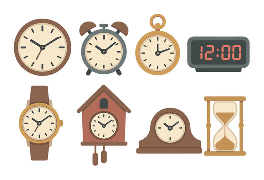 Retro and modern clocks collection featuring watches and hourglass on wooden background