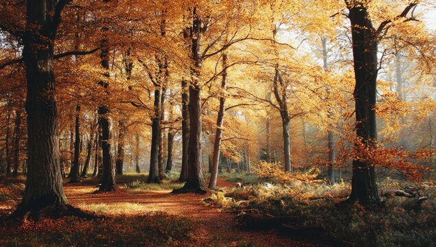 Autumnal forest path bathed in golden sunlight