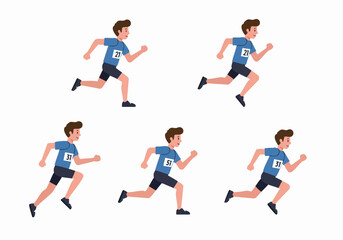 Animated male runners in blue sportswear with race bibs, depicting athletic competition and a healthy lifestyle on a clean white background.