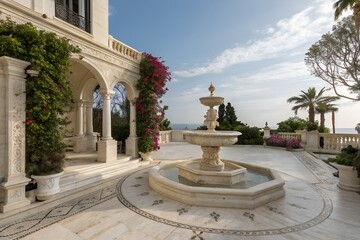 Obraz premium Luxurious villa with a fountain in the courtyard and ocean view