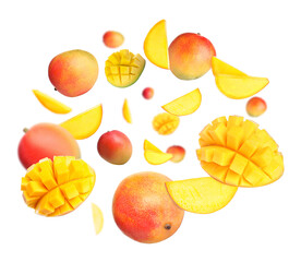 Sweet mango fruits swirling in air against white background