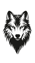 Fototapeta premium Bold black and white wolf head vector illustration with intense gaze and detailed fur in minimalist flat design style for logo or emblem use