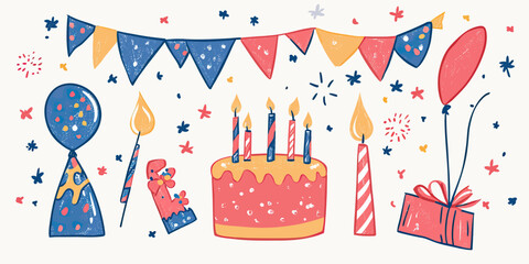 Fototapeta premium Hand Drawn Birthday Cake with Five Candles Party Hat Confetti Gift Box Balloon Colorful Celebration Doodle Illustration Vector Art