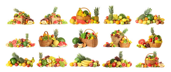 Fototapeta premium Different fresh fruits isolated on white, set