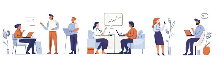 Diverse business people working collaboratively on laptops and discussing strategy in modern office and coworking space flat vector illustration