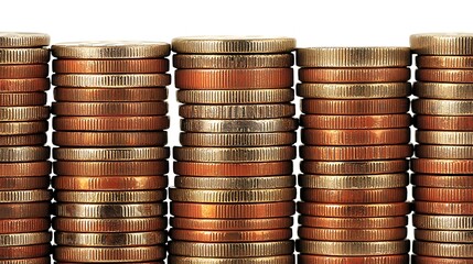 Daylit capture showing reflective coin rims stacked with no faces visible against pure white backdrop