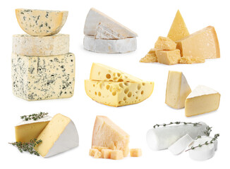 Variety of cheeses isolated on white, set