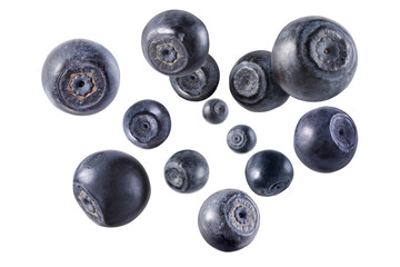 Fresh ripe blueberries swirling in air against white background