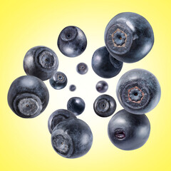 Fresh ripe blueberries swirling in air against yellow gradient background