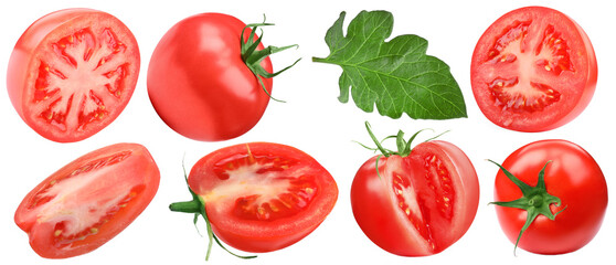 Fresh ripe tomatoes and green leaf isolated on white, set