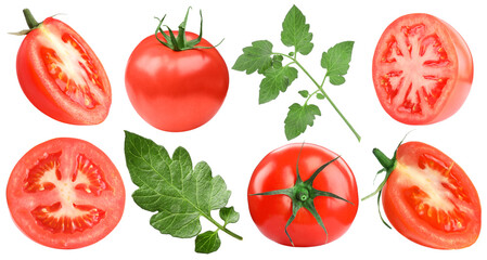 Fresh ripe tomatoes and green leaves isolated on white, set