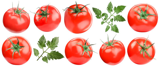 Fresh ripe tomatoes and green leaves isolated on white, set
