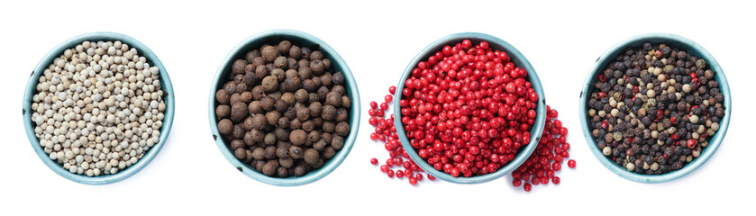 Different types of peppers, set. Spices isolated on white, top view