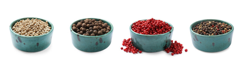 Different types of peppers, set. Spices isolated on white