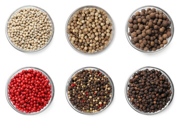 Different types of peppers, set. Spices isolated on white, top view