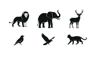 Elegant vector silhouette icons of wild animals. Collection includes a lion, elephant, deer, a small bird, an eagle, and a cat for nature and wildlife themes.

