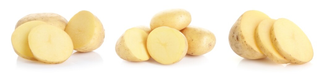 Fresh raw potatoes isolated on white, set