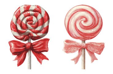 Vivid Red and White Lollipops with Bows on Transparent Background