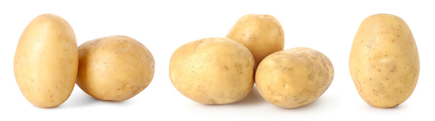 Fresh raw potatoes isolated on white, set