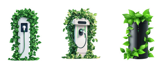 Coollection of creative illustration of a charging station with green leaves wrapped around it. full length isolate on transparent background