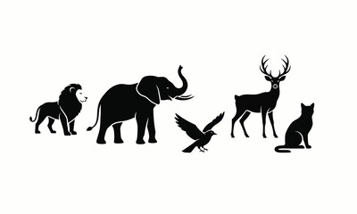 Elegant vector silhouette icons of wild animals. Collection includes a lion, elephant, eagle, deer, and cat for nature and wildlife themes.


