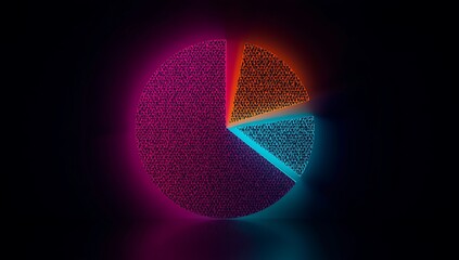 Abstract glowing 3d pie chart with neon colors on black background