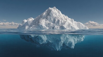 Massive iceberg floats in ocean,  visible above and below the waterline