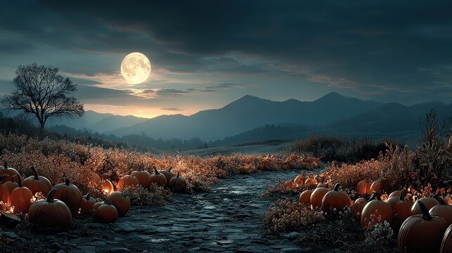 Pumpkin patch glowing under moonlight, Halloween party scene