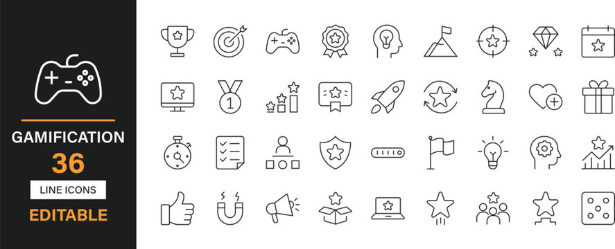 Gamification 36 editable line icons set. Badge, leaderboard, progress, achievement, reward, level, points, trophy, medal, crown, etc and solid icons.