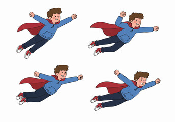 Cartoon boy in red cape flying like a superhero, embodying power, dreams, and success