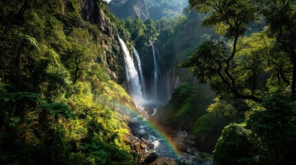 Fototapeta premium Spectacular Cascade in Verdant Valley: A majestic waterfall cascades down a moss-covered cliff in a lush, verdant valley, where a vibrant rainbow graces the scene, enhancing the beauty.