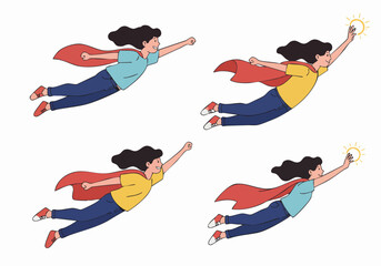 Empowered female superhero soaring and reaching for the sun, symbolizing ambition, success, and overcoming challenges.