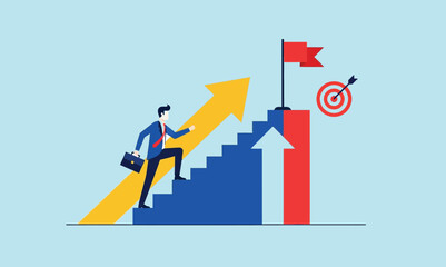 Businessman climbing stairs towards a goal with an arrow pointing up, representing success, ambition, and business growth. Flat illustration for career and finance concepts.

