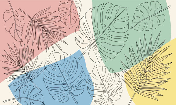 Modern botanical line art pattern featuring monstera and palm leaves on a pastel color block background. Minimalist tropical design for nature and spring themes.

