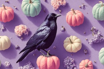Purple background with pumpkins and a perched bird