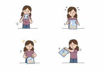 A series of illustrations depicting a woman using a hot or cold pack for pain, discomfort, or fever relief, showing various reactions and attempts to alleviate symptoms.