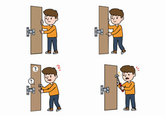 Cartoon sequence of a boy attempting to repair a door hinge, highlighting frustration and effort.
