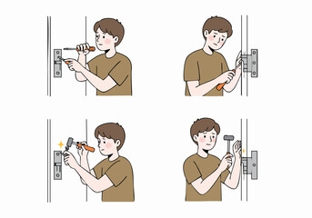 Illustrations showing a person repairing or installing a door hinge with a screwdriver and hammer, demonstrating home maintenance steps.