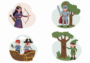 Children's Cartoon Fantasy Characters: Elf Princess Archer, Brave Knight, Pirate Kids with Treasure, and Forest Elf