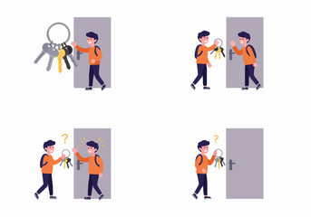Cartoon illustration of a man with keys and a door, depicting scenarios of gaining access, giving keys, and dealing with forgotten or lost keys.