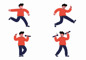 Energetic Male Character Illustrations: Running, Jumping, and Performing with a Microphone