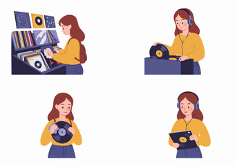 Young Woman's Vinyl Record Experience: Browsing, Playing, Cleaning, and Listening to Analog Music