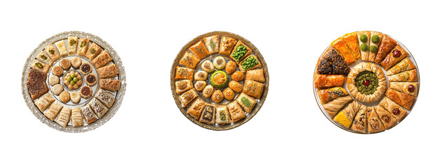 Collection of platter traditional Eid al-Adha sweets and pastries, such as baklava or maamoul, placed elegantly on a white surface. full length isolate on transparent background