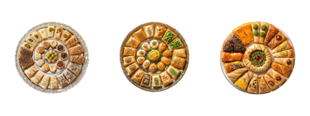 Collection of platter traditional Eid al-Adha sweets and pastries, such as baklava or maamoul, placed elegantly on a white surface. full length isolate on transparent background