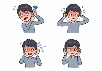 Set of Illustrations: Man Suffering from Ear Pain, Discomfort, and Hearing Issues