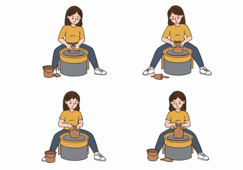 Woman making pottery on a wheel, sequential steps of ceramic creation shown in four illustrations.