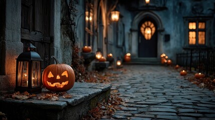 Obraz premium Scary jack-o'-lantern beside stone plinth and haunted building at night